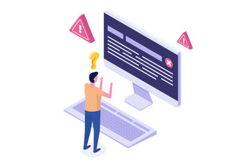 Isometric vector Concept of computer outage or failure due to server downtime, technical issues, software update errors, operating system crashes, or cyber attacks.