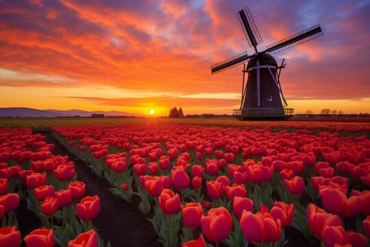 Idyllic Tulips field windmill scene. Floral rural landscape with blossom farm. Generate Ai