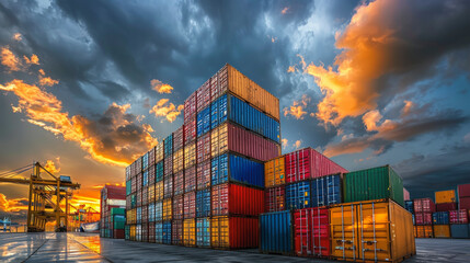 Fototapeta premium A vibrant sunset illuminates stacked shipping containers at a bustling port, highlighting the dynamic colors against dramatic clouds in the sky.