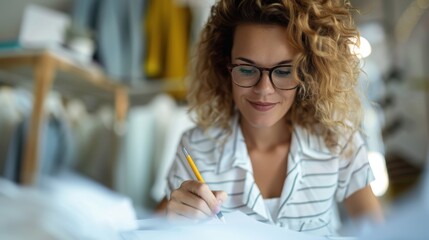 A focused woman with curly hair and glasses is writing with a pencil, seated at a desk cluttered with papers in her office, appearing dedicated and thoughtful.