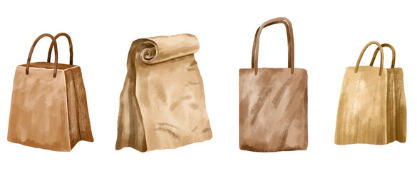 Set of eco friendly paper bags. Hand drawn illustration on isolated background