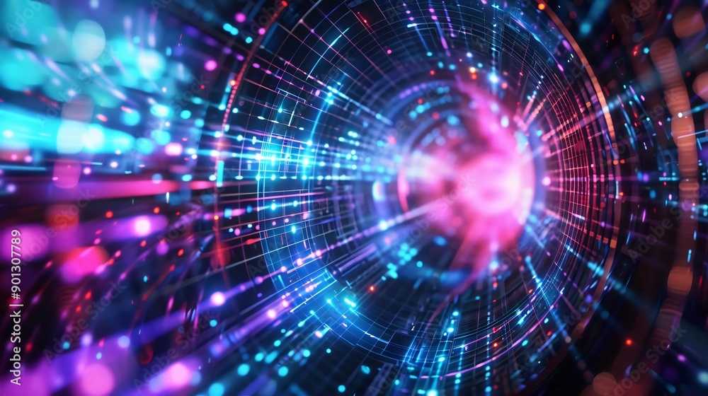 Poster vibrant abstract image showcasing luminous particles and lines, creating a dynamic visual of movemen