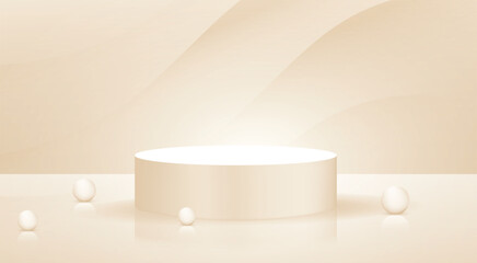 3D Realistic Cream color product mockup design with a wave wall background. Colorful. Product display mockup. Abstract podium design. Products showcase background art. Pearl Vector Art. Showroom.