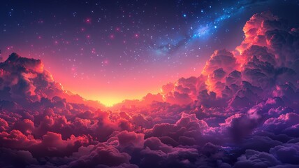 Stunning Sunset Sky with Vibrant Clouds and Starry Night Transition, Capturing the Beauty of Nature's Twilight and the Mystical Atmosphere of the Evening Sky