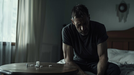 Obraz premium Man in depression. Dark room, anxiety and sadness.