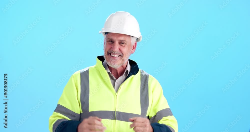 Wall mural Celebration, man and face of construction worker in studio for industry project achievement. Engineering, excited and portrait of male industrial foreman cheering for career growth by blue background