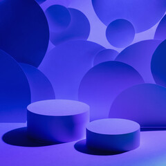 Abstract scene for presentation cosmetic products mockup - two round podiums in dark  gradient blue violet turquoise glowing light, circles flying, decor. Template for showing in neon fashion style.