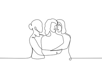women on both sides hugging woman - one line art vector. concept female solidarity, female friendship