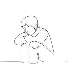 sad man sitting on the floor with arms crossed and head down - one line art vector. concept male depression, apathy, helplessness, sadness, melancholy, laziness