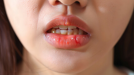 Naklejka premium Close-up of a person's mouth with a cut and slightly swollen lower lip, possibly caused by an injury or bite.