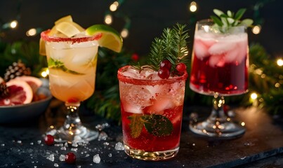 Colorful winter cocktails with festive decorations, Generative AI