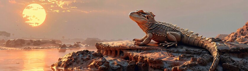 Fototapeta premium A serene sunset scene featuring a lizard basking by the water, highlighting nature's beauty and tranquility.
