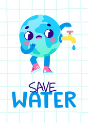 Eco poster with water flowing from the earth through a faucet. Vector banner with old cartoon earth.