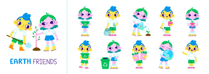 Old cartoon eco friendly kids collection. Cute ecological children activity vector set. Adorable kids volunteer.