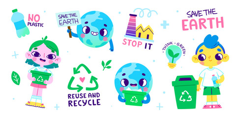 Fototapeta premium Old cartoon sticker set about recycling for kids. Vector ecology sticker collection with cute characters.
