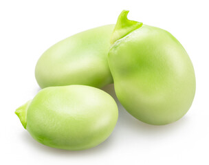 Three green young broad beans isolated on white background.