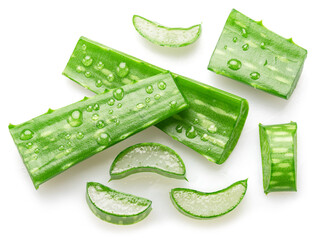 Fresh cuts of aloe Vera leaf covered with water drops isolated on white background. Top view.
