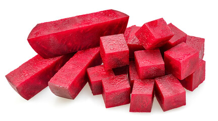 Raw red beetroot cubes isolated on white background.