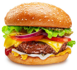 Beef patty burger with vegetables and lettuce on white background. File contains clipping path.