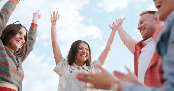 Teamwork, outdoor or friends with hands stack for motivation, support or solidarity together. Celebration, wellness or group of happy people in huddle for goals, targets or fun mission in summer