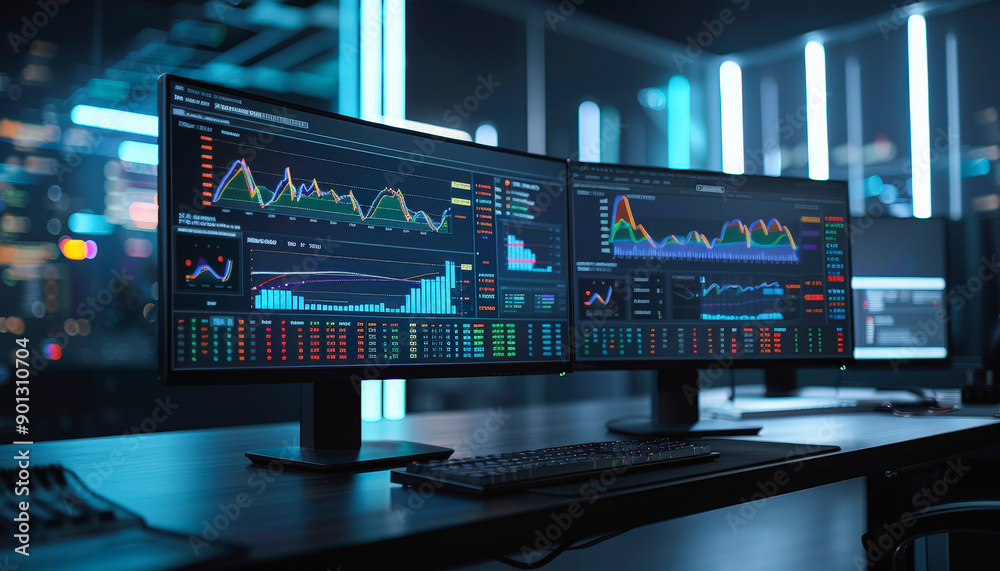 Wall mural two large monitors display complex financial graphs and data in a modern trading room, indicating ac