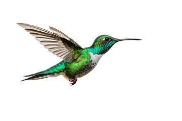 Obraz premium Colorful hummingbird in mid-flight with detailed feathers isolated on transparent background, ideal for nature-themed design projects and wildlife art illustrations