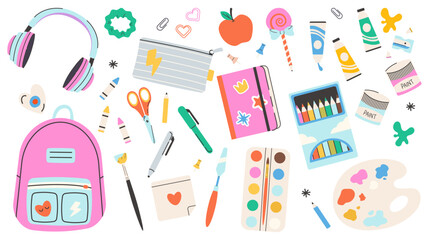 Set of school supplies. Back to school. Backpack, stationery, box of pencils. Vector illustration in flat style. Vector illustration of art supplies and school stationery, cartoon