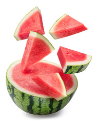 Watermelon slices falling down over the half of watermelon isolated on white background. File...