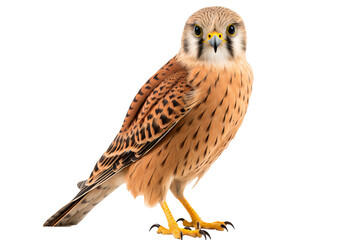 Fototapeta premium Kestrel in flight PNG, isolated on transparent background, ideal for wildlife and nature design projects, featuring a detailed bird of prey with outstretched wings and sharp features