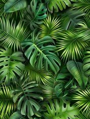 Naklejka premium A seamless exotic pattern featuring tropical leaves with lush greenery, rendered in watercolor style
