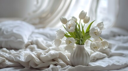 White Tulips in Vase on Soft Bed Linen with Natural Light