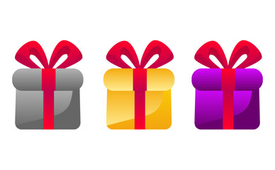 Game ui icons of gift boxes. Present packages, purple wrap with gold ribbon and bow for level rewards, prize, bonus or surprise, vector cartoon set.