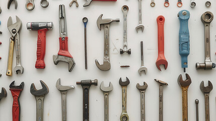 Fototapeta premium A neatly arranged collection of various wrenches, screwdrivers, and other hand tools on a white background.