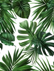 A seamless exotic pattern featuring tropical leaves with lush greenery, rendered in watercolor style