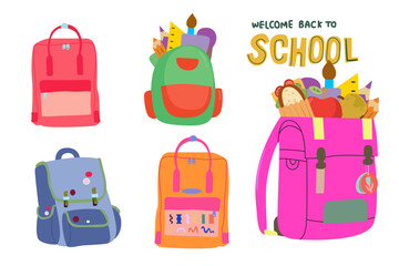 Back to school vector illustration. Set of colorful school backpacks, school supplies and food. Accessories and study. Children's school backpack and its contents. Flat style