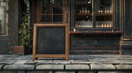 A blackboard is sitting on a sidewalk in front of a building. The building has a lot of windows and a balcony