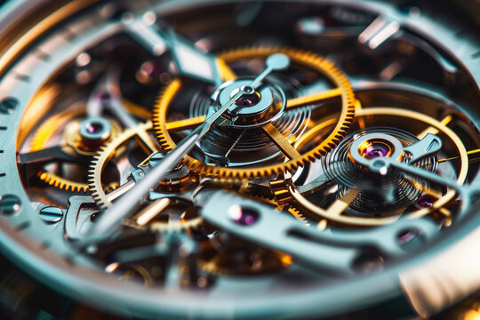 A close-up view of intricate mechanical gears and cogs inside a high-end wristwatch, showcasing its detailed craftsmanship and precision engineering.