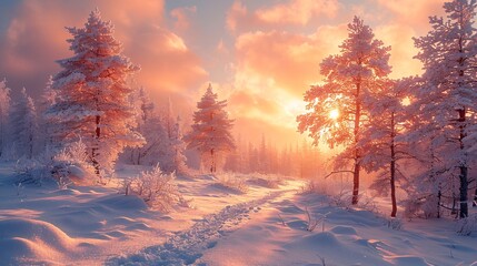 sunrise in the winter forest, snow covered tree background.
