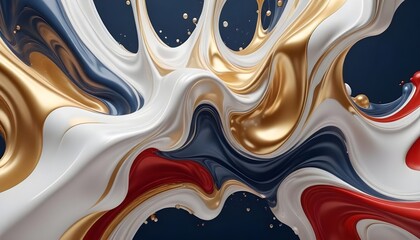 Glistening golden and light silver fluid shapes dancing dynamically on a stark white abstract 3D canvas, with molecular structure inspiration, high detail, navy blue, cherry red