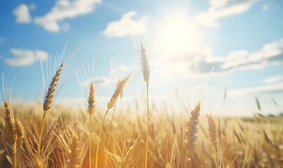 Naklejka premium Rye field scene with sunlight blue sky , Generative AI