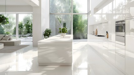 Fototapeta premium Modern Minimalist Kitchen with Glossy White Surfaces and Large Windows