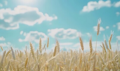 Fototapeta premium Rye field scene with sunlight blue sky , Generative AI