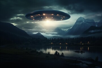 Photorealistic ufo hovers with glowing lights over a serene, fog-covered lake surrounded by mountains