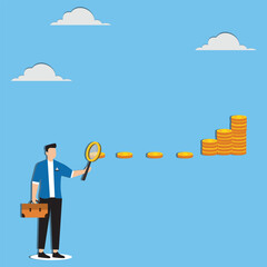 Businessman Following Coin Currency Points with Magnifying Glass