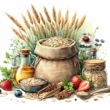 recommend clip art: Ingredients for food, Hand drawing bag of grain, cereal, oats, wheat, harvest, line art, vintage line drawing farm