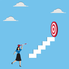 Confused Woman Holding Arrow, Target High on Stairs: Ambition Challenge