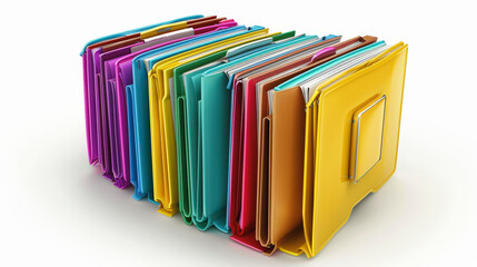 A collection of colorful binder folders arranged neatly in a row, likely used for organizing documents and paperwork.