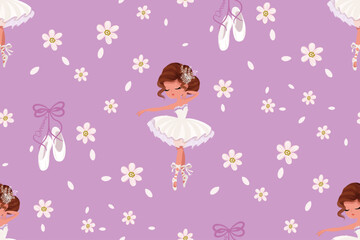 Little cute ballerina with flowers, seamless pattern design, vector illustration for kids artworks, t shirt prints, wallpapers, textile, fabrics.