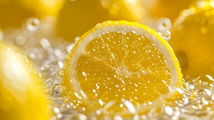 Fresh Lemon Slice with Water Droplets Close Up