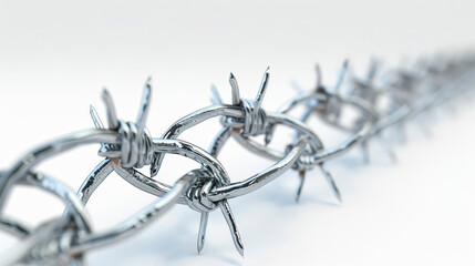 Close-up of a sharp, silver barbed wire strand stretching out diagonally, symbolizing security and restriction with a blurred background for depth.